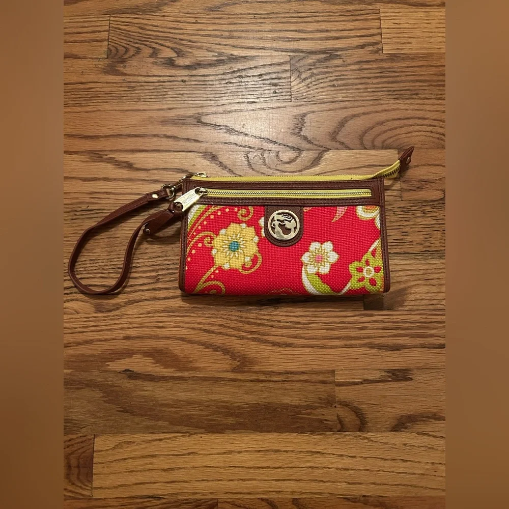 Spartina 449 Women's Red Yellow Linen & Leather Floral Wristlet W/ Gold Accents